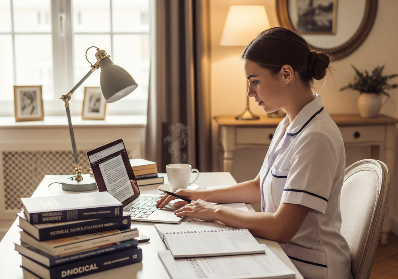 Étudiante infirmière rédigeant son TFE mémoire de fin d'études sur ordinateur avec livres de soins infirmiers et notes