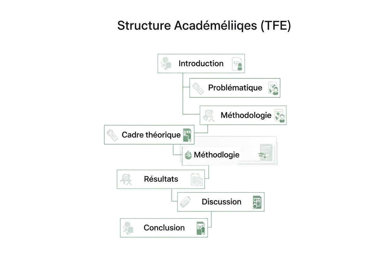 Schéma de la structure d'un TFE infirmier : introduction, problématique, cadre conceptuel, méthodologie, résultats, conclusion